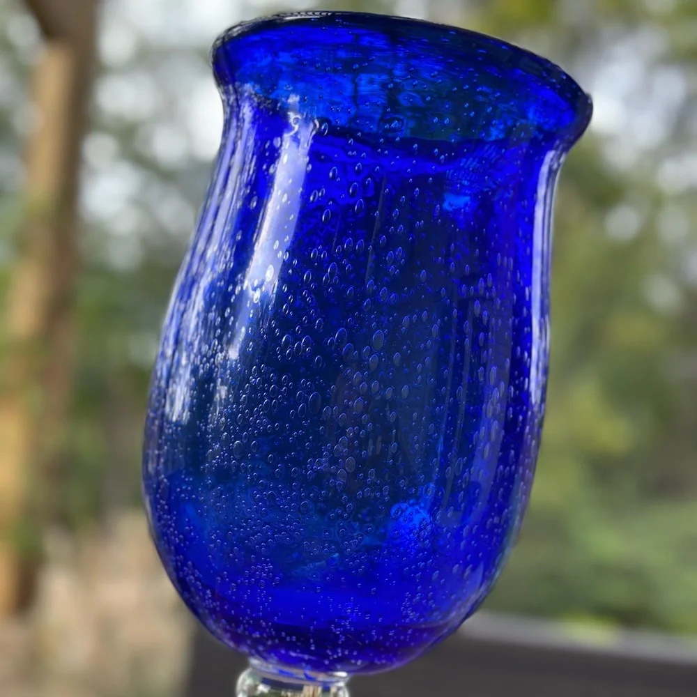 Cobalt Blue Bubbled Glass Vase or Candle Holder
